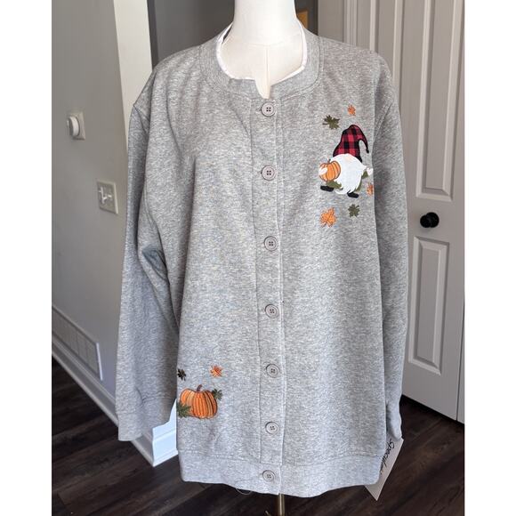 90s Grandma Sweatshirt Womens 3X Embroidered Fall Gnome Pumpkin Cardigan Sweater - Picture 1 of 7